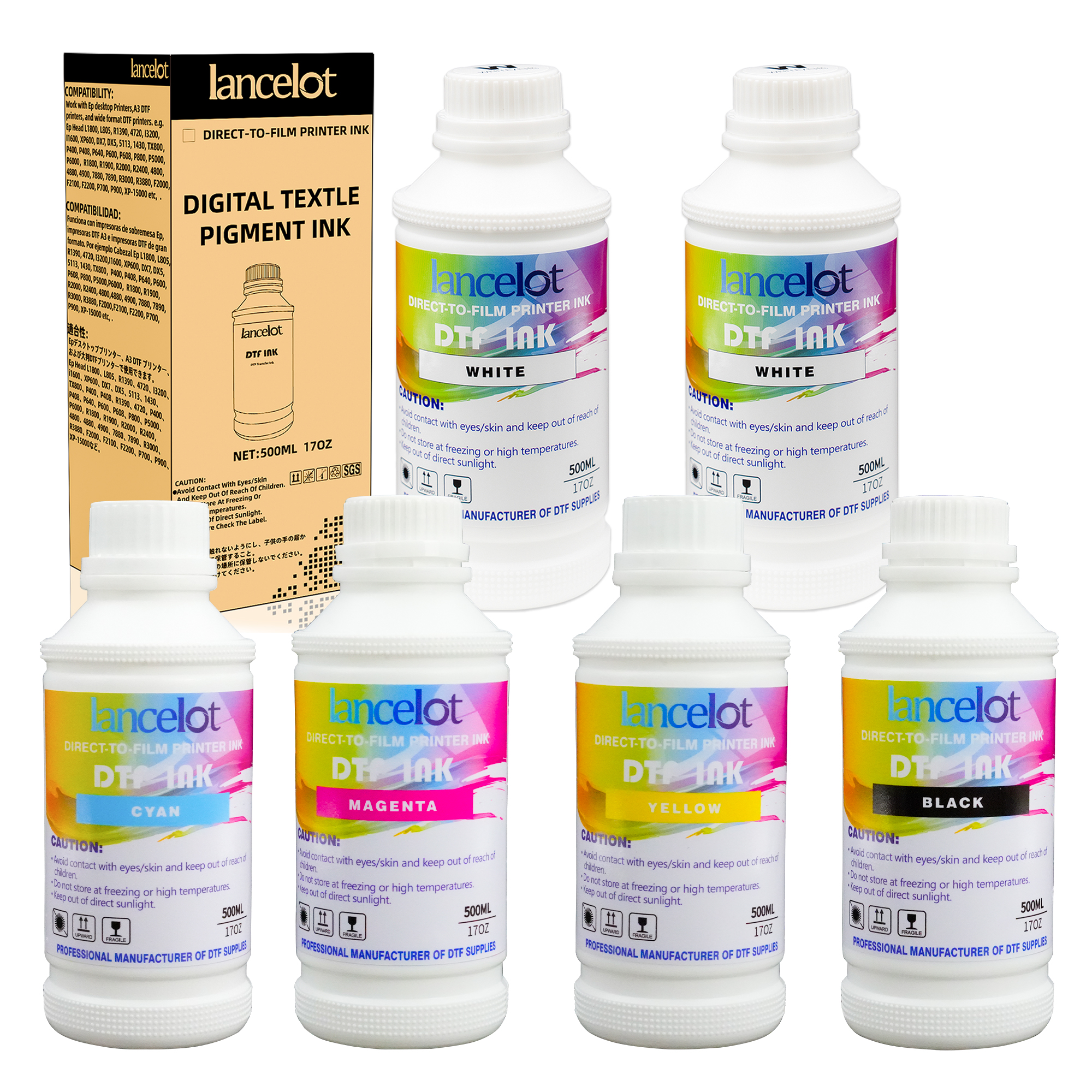 Lancelot DTF INK Combo Pack 500ML-Premium Direct-to-Film Transfer Ink for PET Film Compatible for Printheads L1800 L805 R1390 4720 I3200 XP600 DX7 DX5 5113(2 White,1 Black,1 Cyan,1 Magenta,1 Yellow)