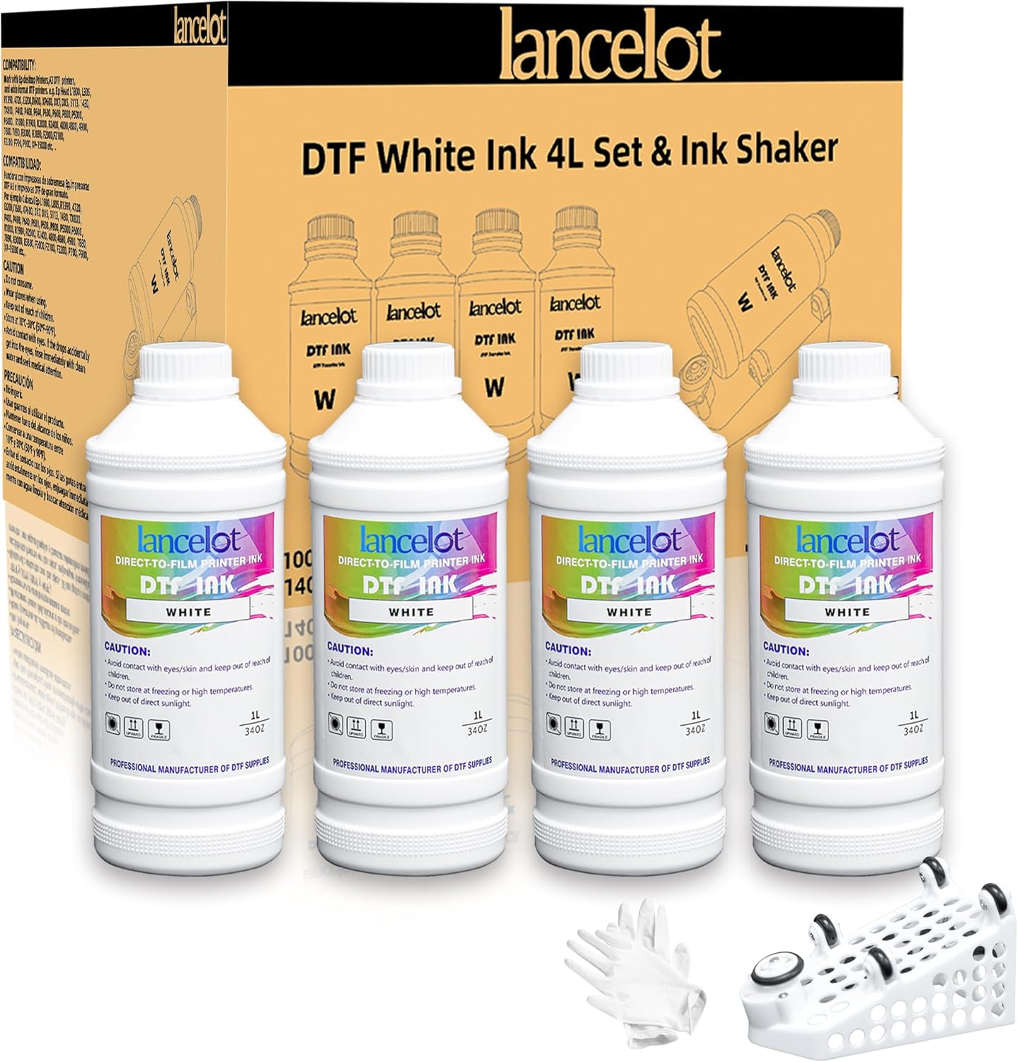 Lancelot DTF Ink - DTF Transfer Ink for PET Film, Refill DTF Ink for Epson ET-8550/XP15000/L1800 - Heat Transfer Printing Ink Direct to Film (DTF White Ink 4L set & ink Shaker）