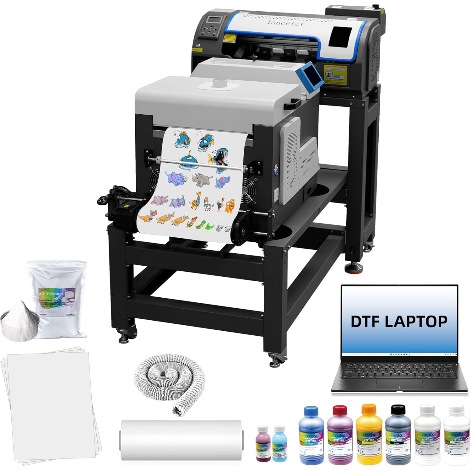 Lancelot M1630 DTF Printer Direct to Film Printer with 2X Faster Auto-Curing T-Shirt Press with Smart Ink System + Vertical Model Compact DTF Powder Shaker and Dryer Machine+Allil-one Bracket