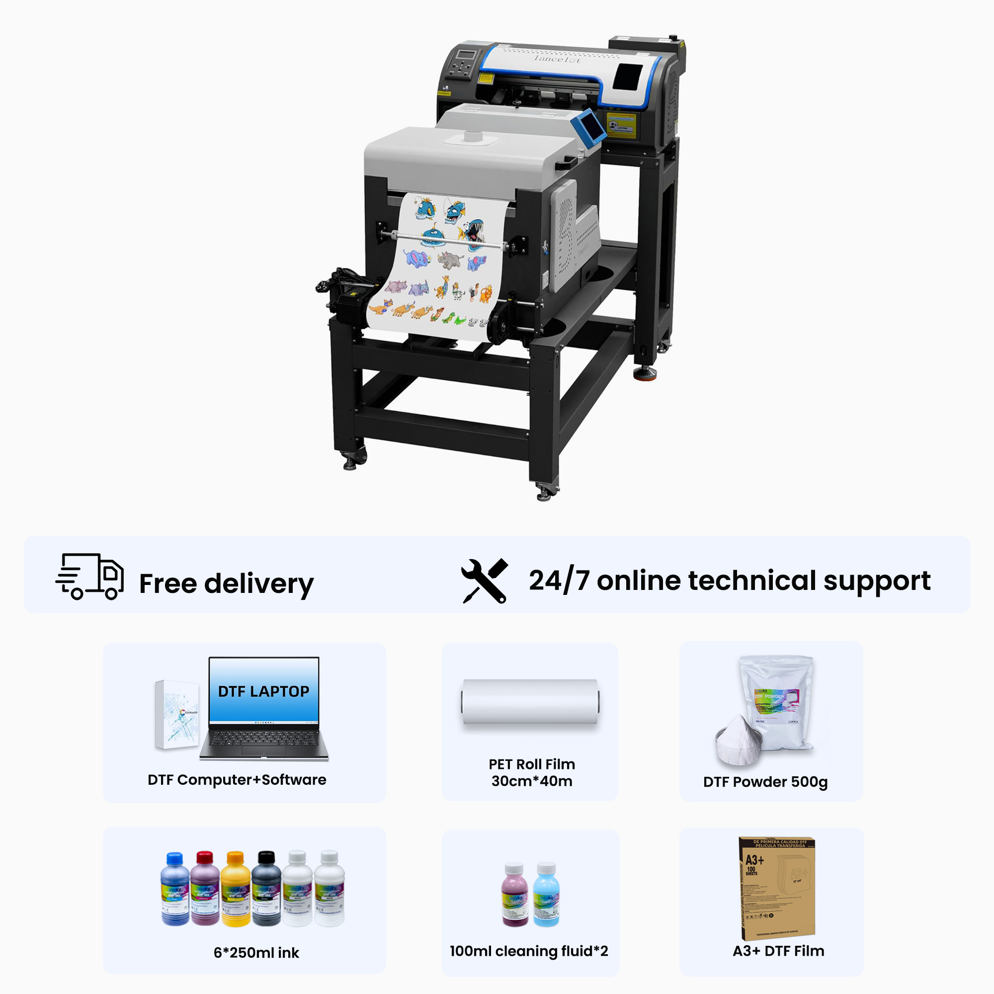 Lancelot M1630 DTF Printer Direct to Film Printer with 2X Faster Auto-Curing T-Shirt Press with Smart Ink System + Vertical Model Compact DTF Powder Shaker and Dryer Machine+Allil-one Bracket