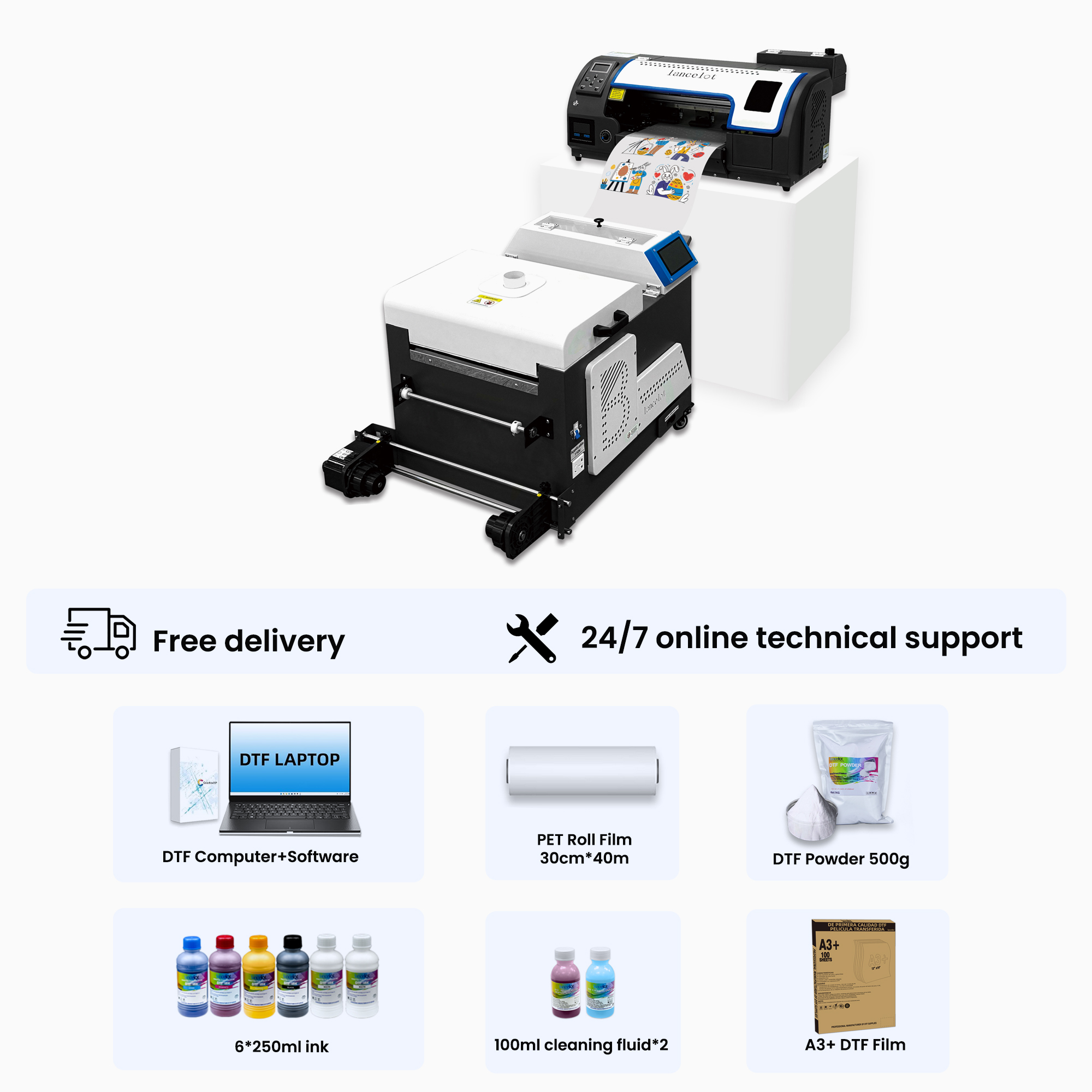 Lancelot M1630 PRO DTF Printer A3 DTF Printing Kit with Automatic Cleaning and Automatic Cutting Function+ Automatic DTF Powder Shaker and Dryer Machine
